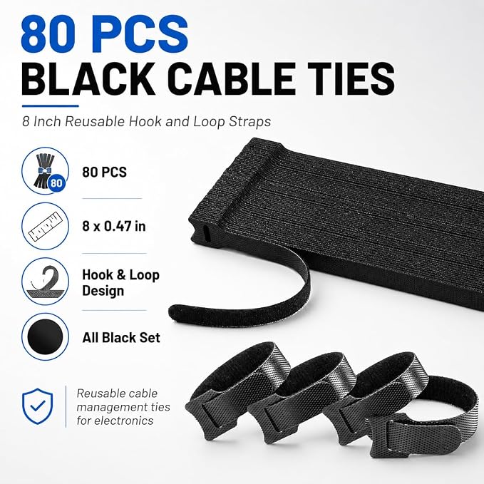 80pcs 8 Inch Cable Ties Reusable Black Hook and Loop Cord Ties - Image 2