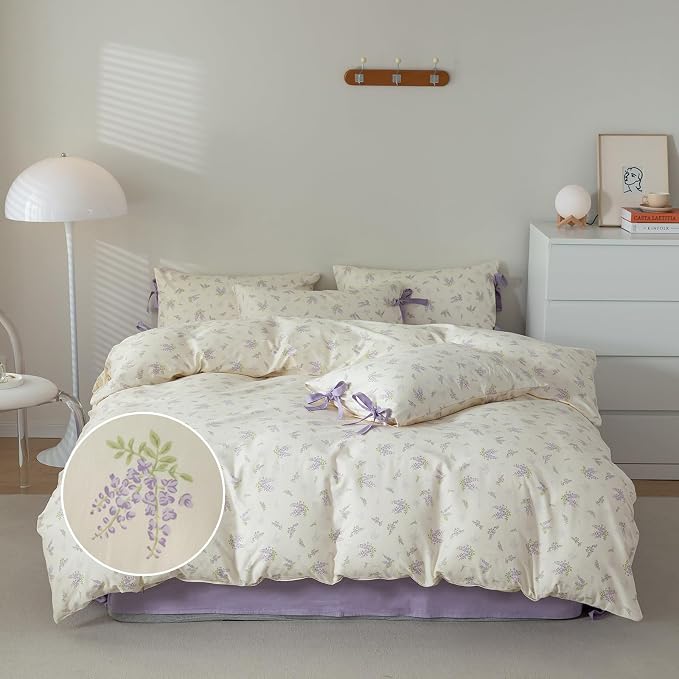 mixinni Cotton Purple Floral Duvet Cover Twin Size Soft Cottage Ribbon Bedding - Image 2