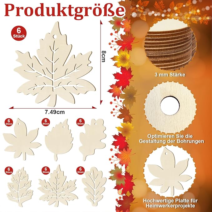 36PCS Wooden Fall Ornaments to Paint Thanksgiving Decorations, 6 Styles DIY - Image 2