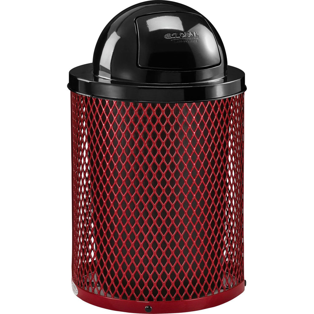 Global Industrial 36 Gallon Outdoor Steel Trash Can with Dome Lid and Raised Base, Plastic Liner and Anchor Kit Included, 23-1/2" Diameter x 43" H, Powder Coat Finish, Unassembled, Red
