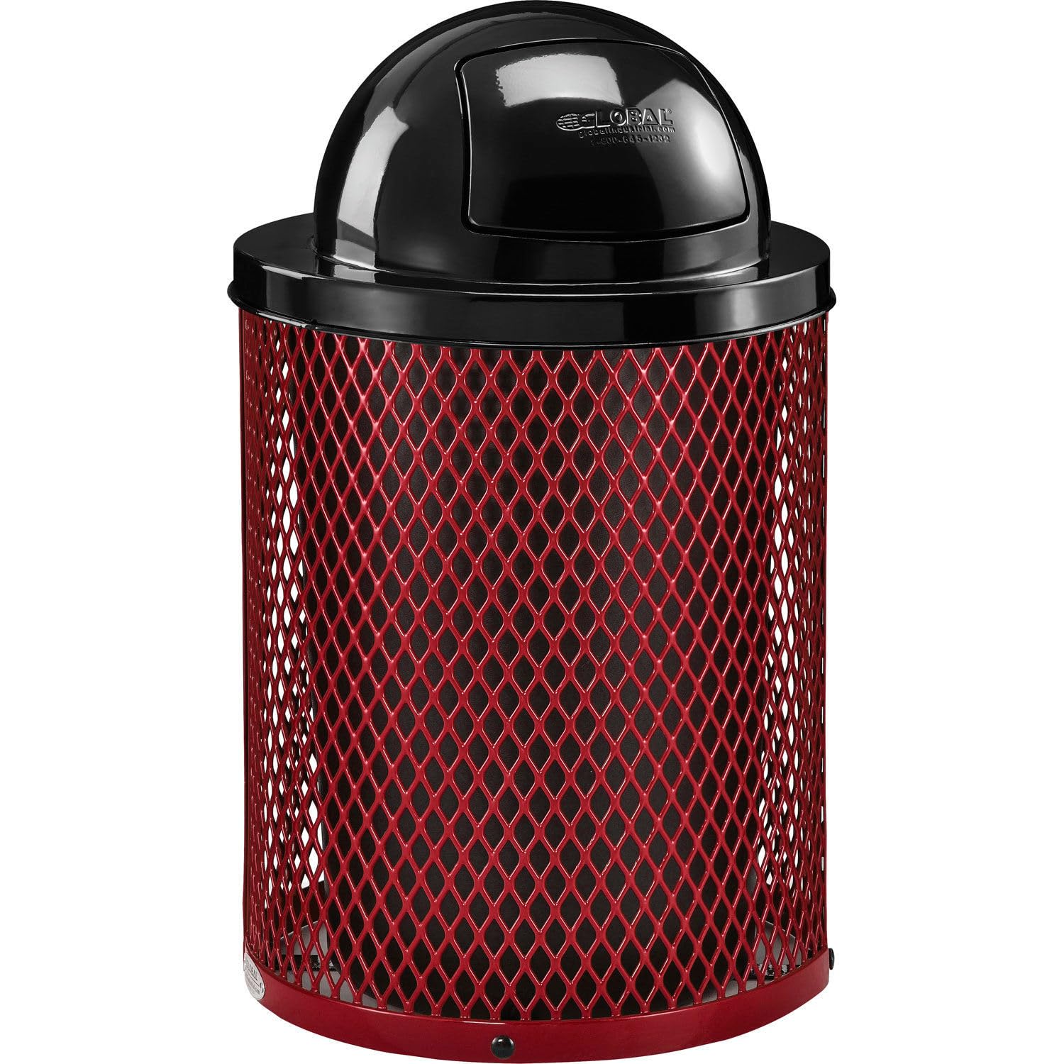 Global Industrial 36 Gallon Outdoor Steel Trash Can with Dome Lid and Raised Base, Plastic Liner and Anchor Kit Included, 23-1/2" Diameter x 43" H, Powder Coat Finish, Unassembled, Red