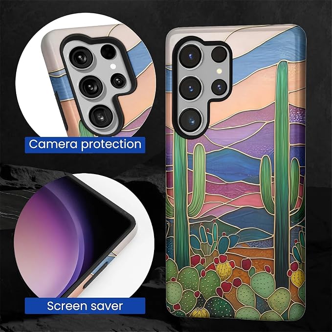for Samsung Galaxy S25 Ultra Case, Stained Glass Cactus Pattern Glossy 2 in 1 - Image 6
