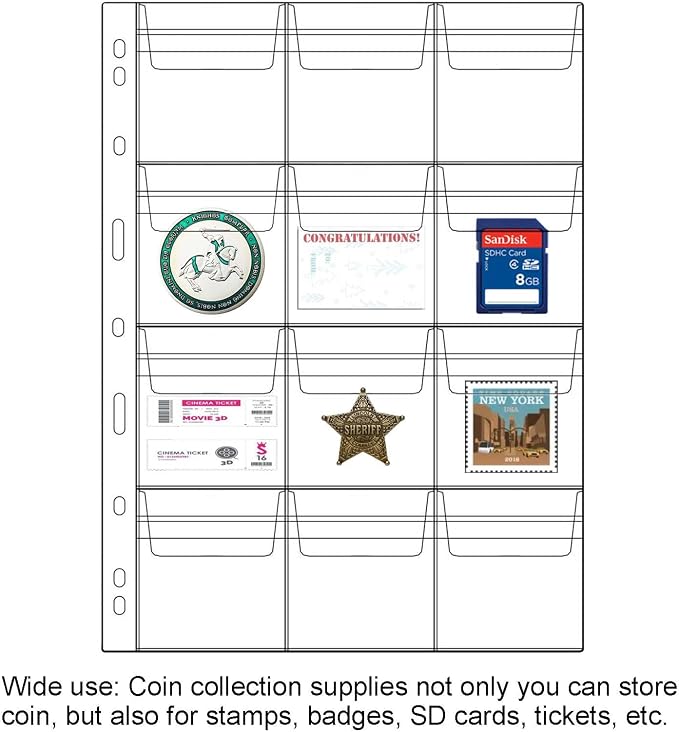 12-Pocket Coin Pages for Collectors, Standard 9-Hole Coin Collection Pages fit - Image 4