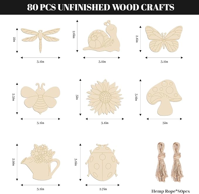 Subacy 80 PCS Unfinished Wood Cutouts 8 Styles DIY Wooden Spring Ornaments - Image 3