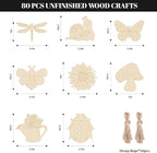 Subacy 80 PCS Unfinished Wood Cutouts 8 Styles DIY Wooden Spring Ornaments - Image 3