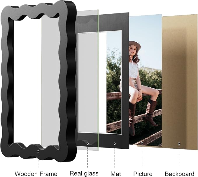 8x10 Picture Frame with Mat for 5x7, Wavy Edge Wooden Real Glass Photo Frame - Image 6