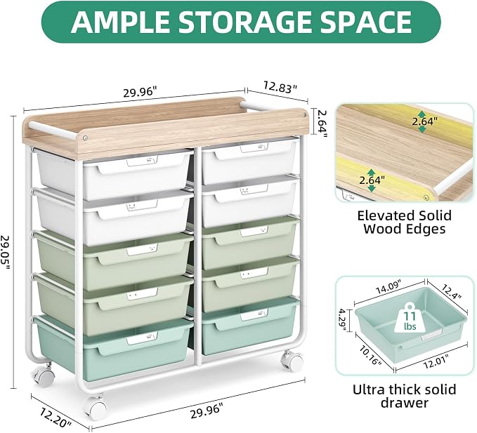 10 Drawers Rolling Cart with Wooden Tabletop, Utility Storage Cart with Wheels - Image 3