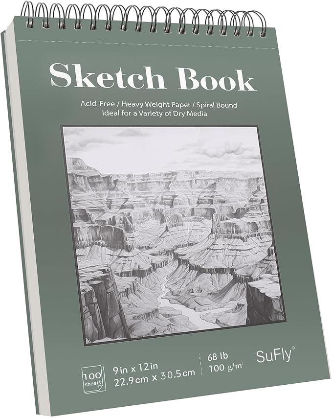 SuFly Sketch Book 9x12, Drawing Paper Pad-68lb/100gsm, Top Spiral Sketchbook by SuFlyDirect