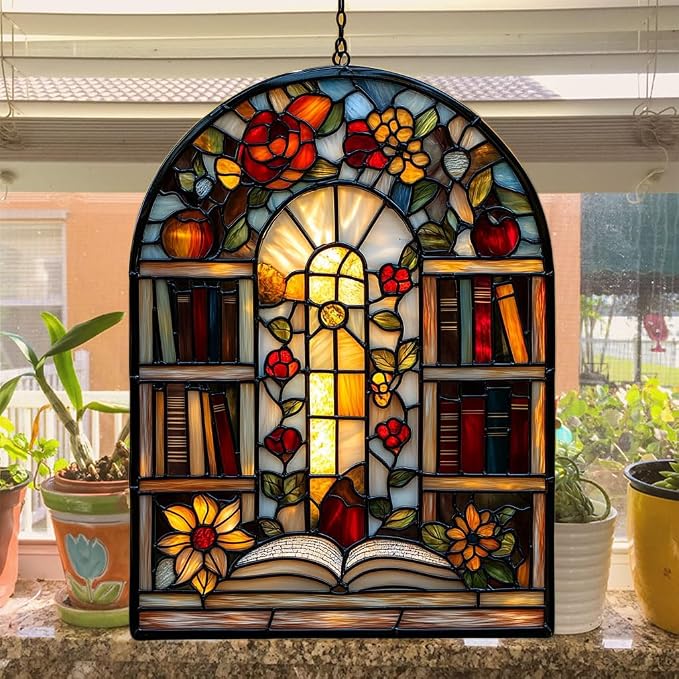 Antique Library Bookshelf Acrylic Suncatcher Stained Glass Effect Window Car - Image 4