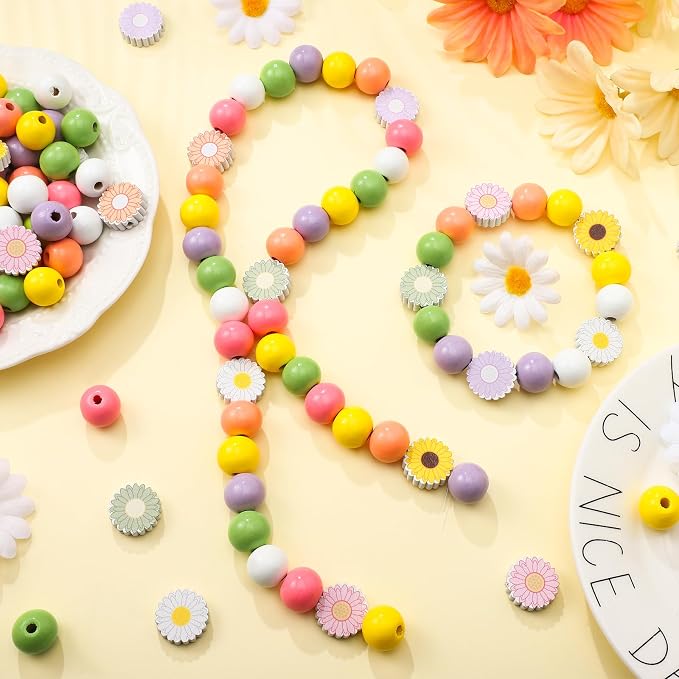Tradder 200 Pieces Daisy and Sunflower Wood Beads Set 16 mm 20 mm Colorful - Image 3