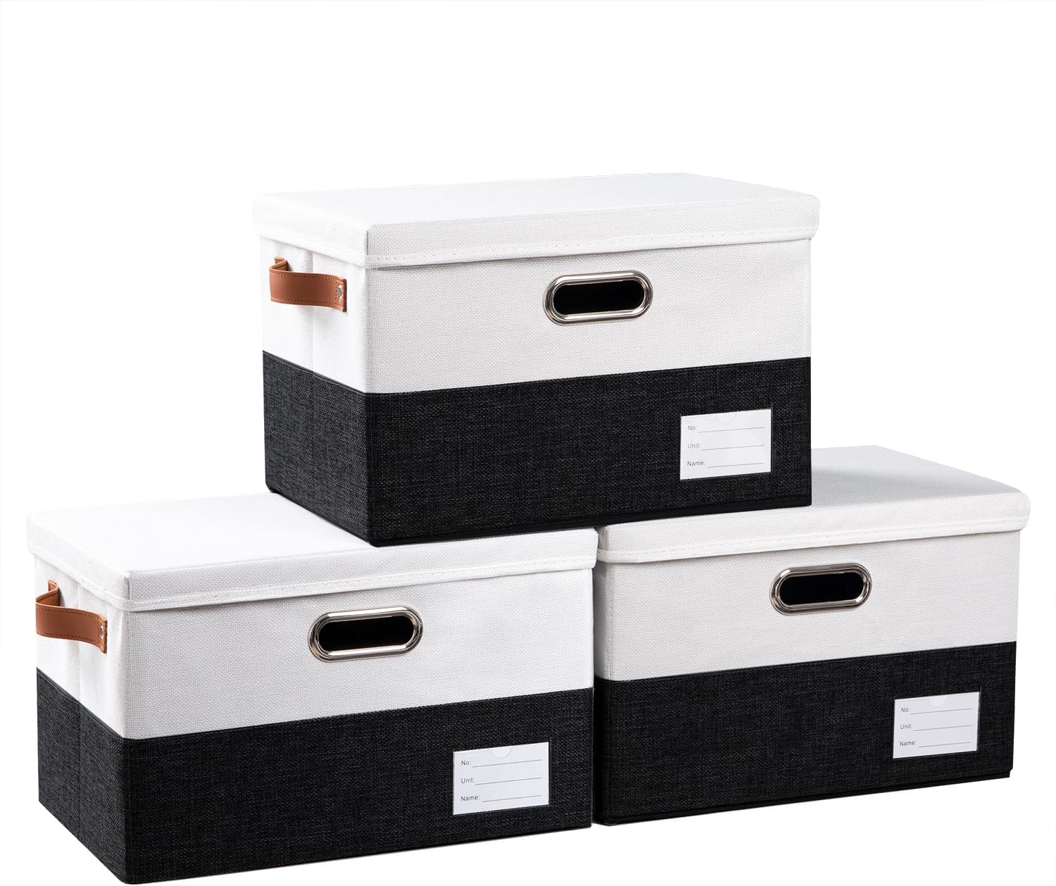 PRANDOM Foldable Storage Bins with Lids [3-Pack] Fabric Collapsible Storage Boxes Baskets Cubes Containers with Handles for Closet Living Room Bedroom (Black & White 14.9x9.8x9.8'')