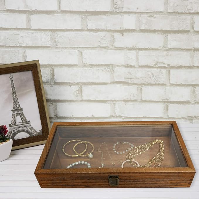 MOOCA Wood Glass Top Jewelry Display Case Accessories Storage, Wooden Jewelry - Image 7