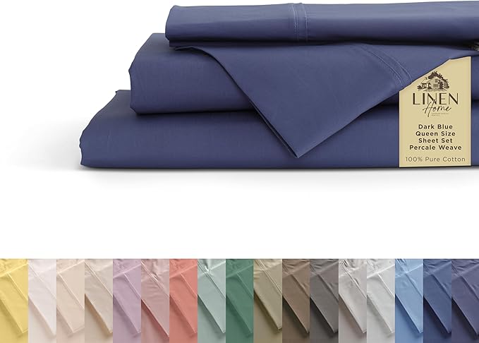 Linen Home 100% Cotton Percale Sheets Queen Size, Dark Blue, Deep Pocket by LINENHOME