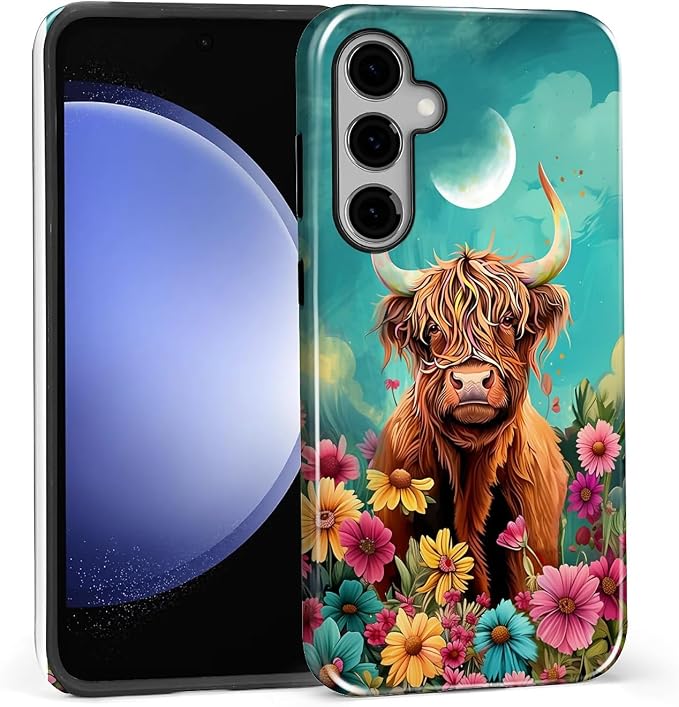 for Samsung Galaxy S25 FE Case, Highland Cow Flower Pattern Glossy 2 in 1 - Image 3