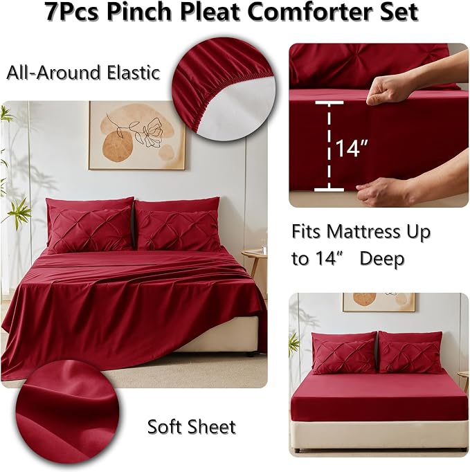 HIMEET Pintuck Bed in a Bag, 7 Pieces Full Size Comforter Set Dark Red - Image 6