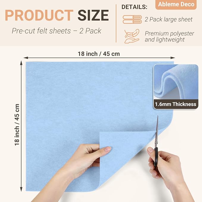 Light Blue Felt Fabric Sheets 18" x 18" 1.6mm Soft Craft Felt | Soft Precut - Image 2