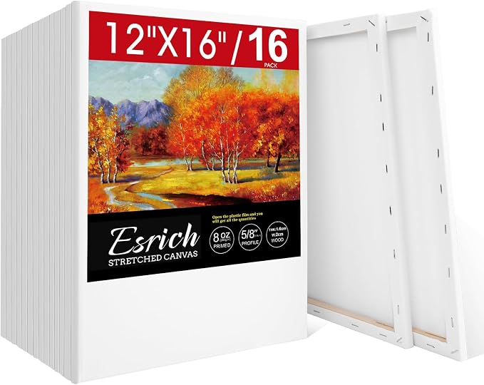 ESRICH Stretched Canvas for Painting 12x16 Inch, 16 Pack Blank Canvas Bulk-5/8 by ESRICH