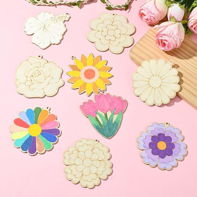 16 pcs Mixed Styles Cute Flower Theme Undyed Wood Cutout Charms Spring - Image 6