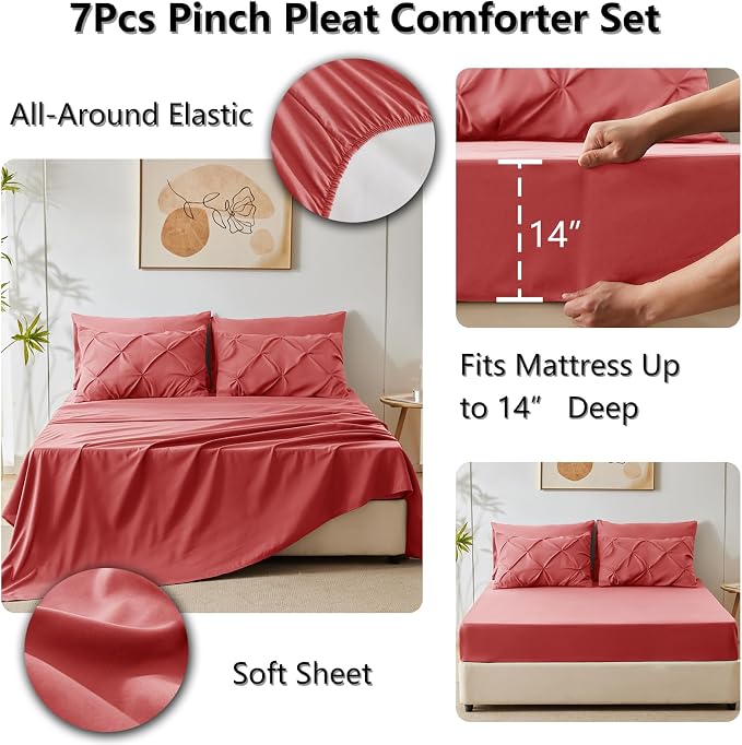 CozyLux Queen Comforter Set Coral, 7 Pieces Pintuck Bed in A Bag, Premium Coral - Image 6