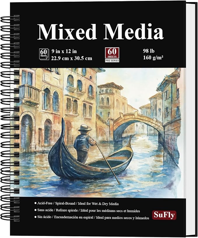 SuFly Mixed Media Sketchbook 9x12, Mixed Media Paper_98lb/160gsm, 60 Sheets | by SuFlyDirect