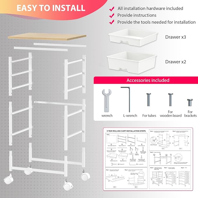 Goovilla Rolling Cart with Drawers, Utility Cart Organizer With 5 Removable - Image 6