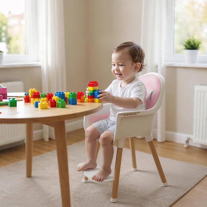 Baby High Chair, Wooden Highchair with Removable Tray, Adjustable Legs, Cushion, 5-Point Harness and Footrest for Infants, Baby, Toddlers, Pink