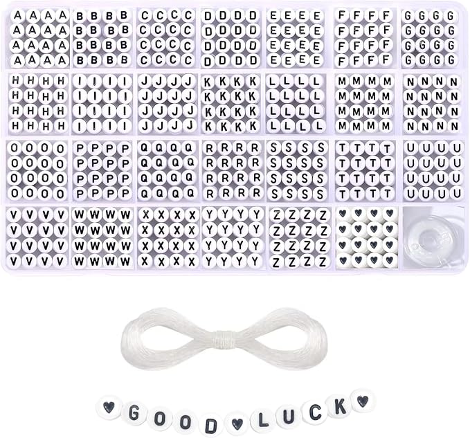 1400 Pieces 4x7mm White Round Acrylic Alphabet Letter Beads A-Z Heart Pattern by YYOODS