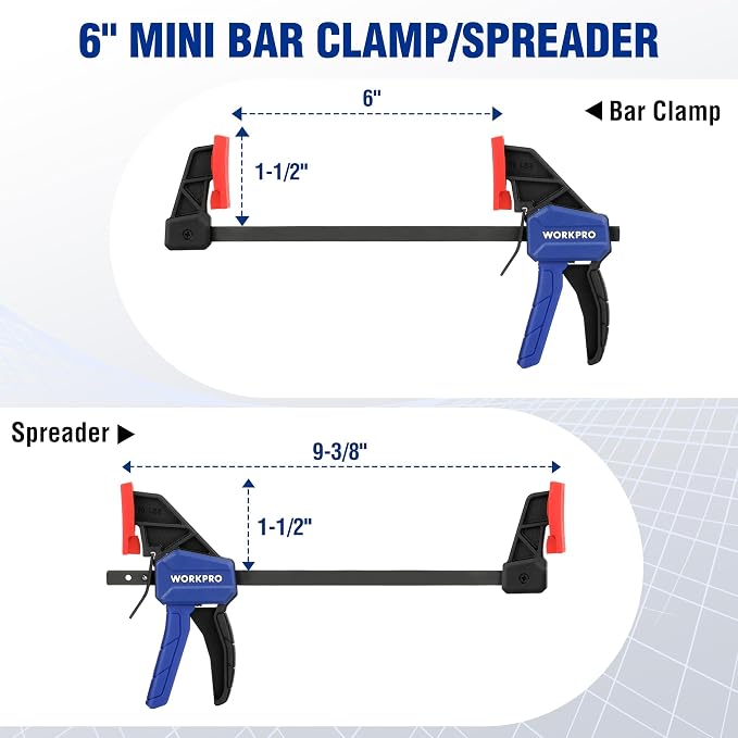 WORKPRO 6" Mini Bar Clamps for Woodworking, One-Handed Clamp/Spreader, Wood - Image 3