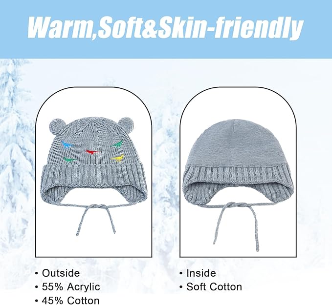 BAVST Baby Beanie Hat for Winter with Earfalp Cute Bear Kids Toddler Girls Boys Warm Knit Cap 0-2Years
