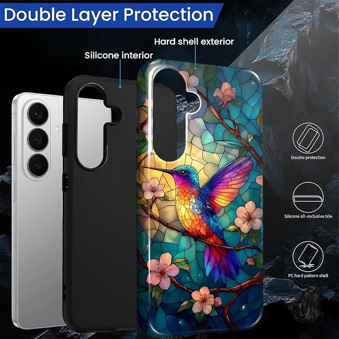 for Samsung Galaxy S26 Case, Stained Glass Hummingbird Pattern Glossy 2 in 1 - Image 3