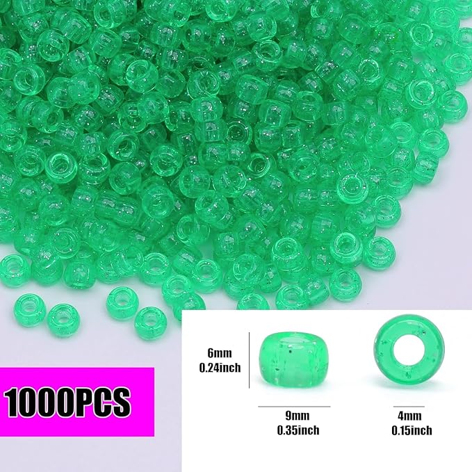 1000Pcs Pony Beads Bracelet 9mm Green Glitter Plastic Barrel Pony Beads - Image 2