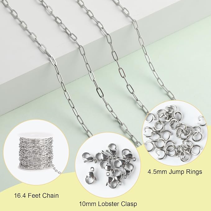 SMYHTGLIF 16.4 Feet Paper Clip Cable Chain Bulk Silver Stainless Steel Jewelry - Image 2