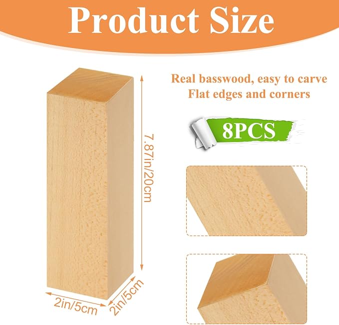 Acrux7 8 Pack 8 x 2 x 2 Inch Basswood Carving Blocks, Natural Unfinished Bass - Image 2