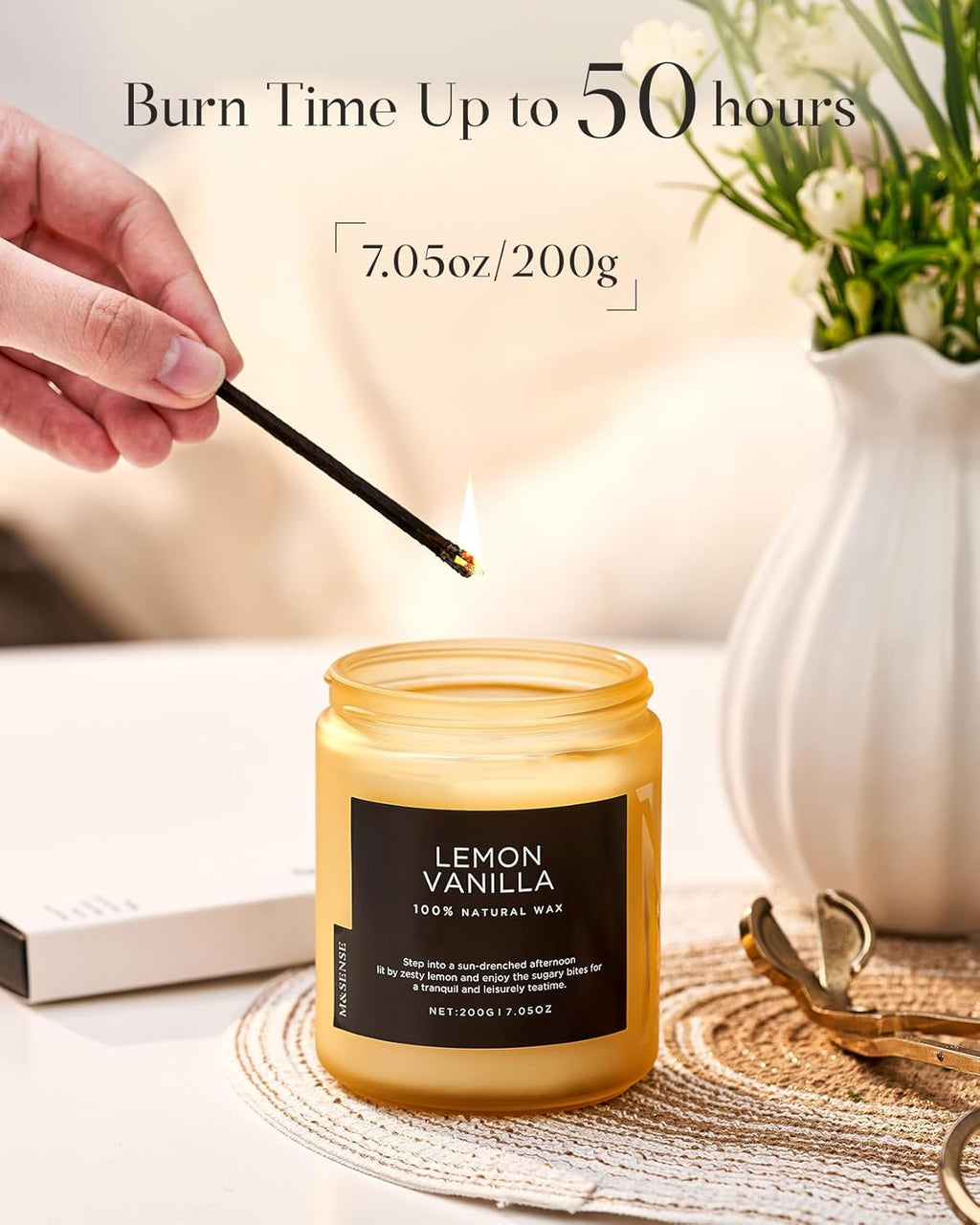 M&SENSE Lemon Vanilla Scented Slow Burning Candles for Home Scented, All Natural Soy Candles 7.05oz 50 Hours Slow Burning in Glass Jar, Stress Relief Gifts for Women and Men