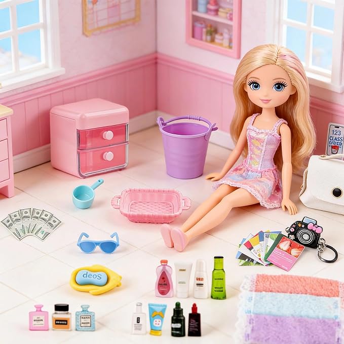 118Pcs Dollhouse Mini Jewelry Storage Case Cosmetic Hand Bag Towel Bathroom Set - Image 8