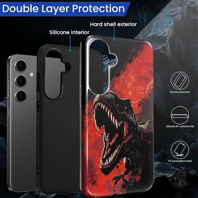 for Samsung Galaxy S23 FE Case, Cool Dinosaur Red Black Pattern Glossy 2 in 1 - Image 3