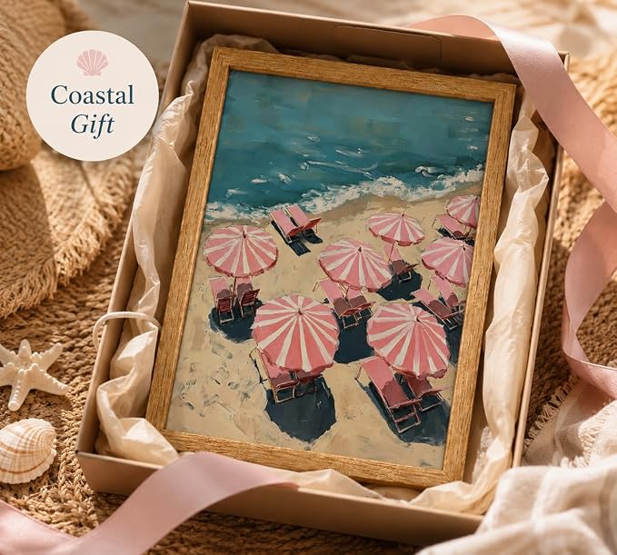 Framed Pink Beach Umbrella Canvas Wall Art, Ocean Seaside Wall Decor, Modern - Image 8