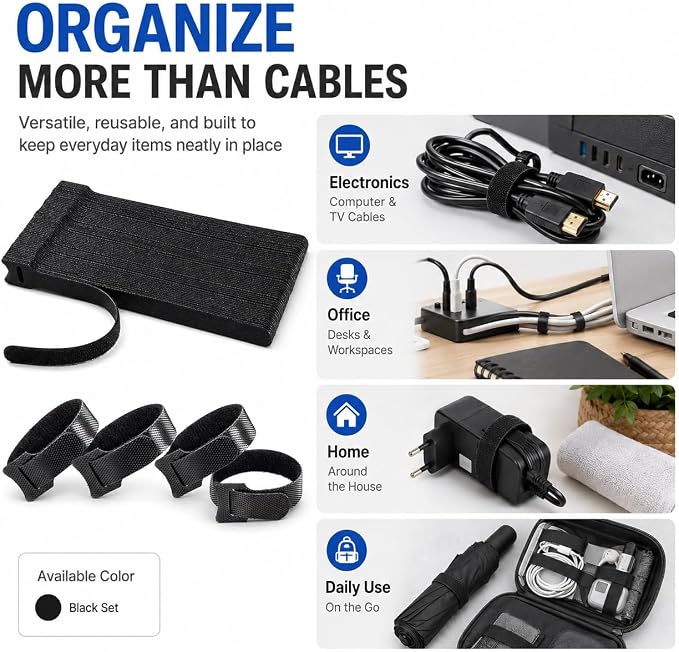 80pcs 8 Inch Cable Ties Reusable Black Hook and Loop Cord Ties - Image 6