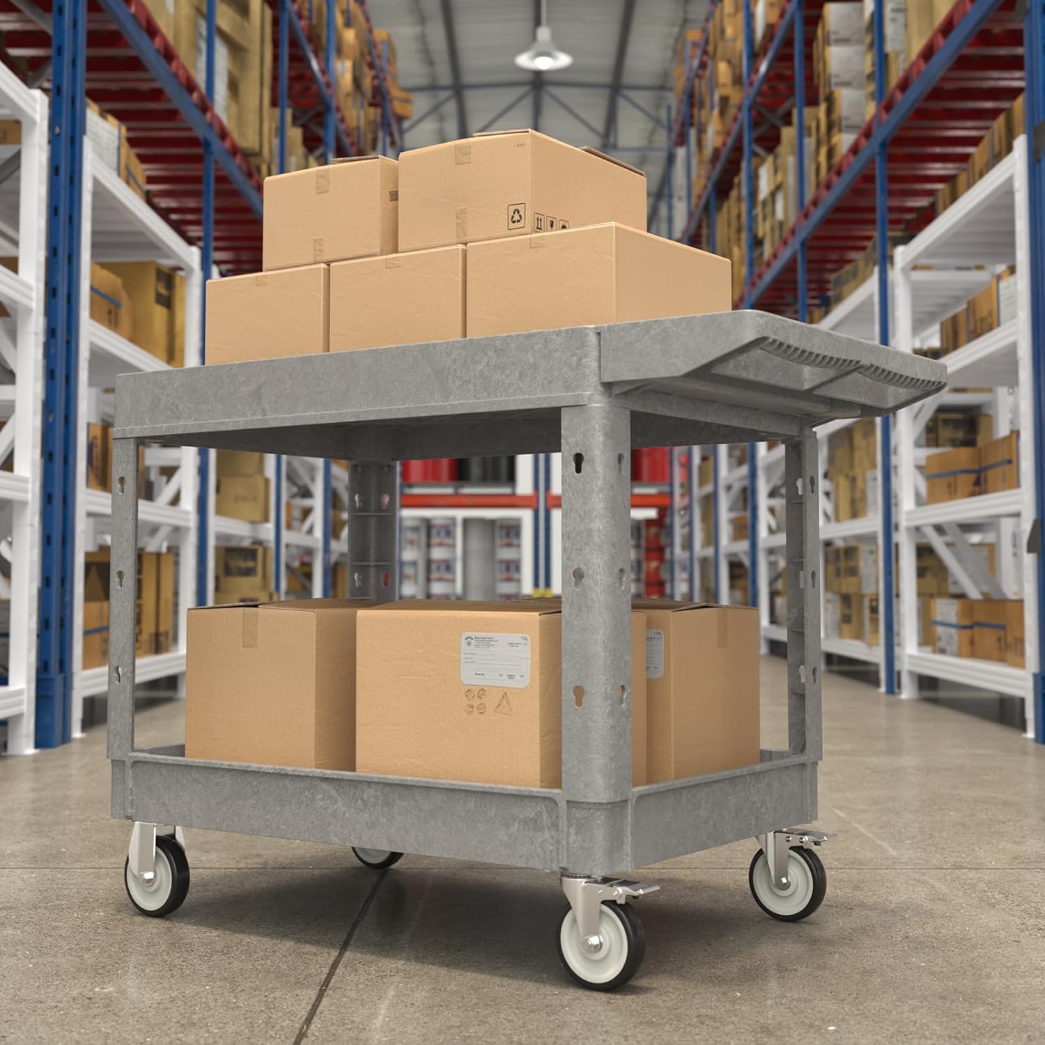 Heavy Duty Flat Top Utility Cart with Wheels 2-Tier Utility Plastic Service Work Cart for Shop, Garage, Warehouse, Maintenance 550 lbs