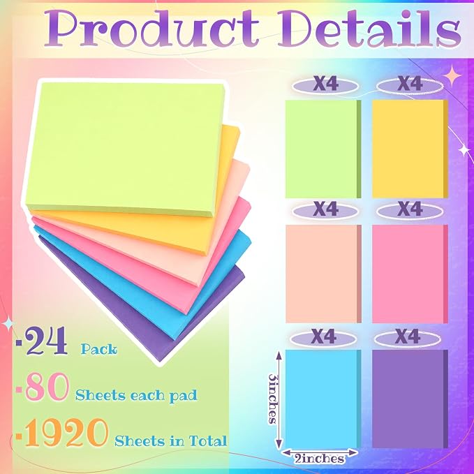 Kajaia 24 Pads Full Adhesive Sticky Notes Colorful Sticky Notes Adhesive Memo - Image 5