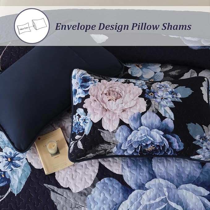 WONGS BEDDING Navy Boho Floral Quilt Set King, 3 Pieces Elegant Blue Flower - Image 5
