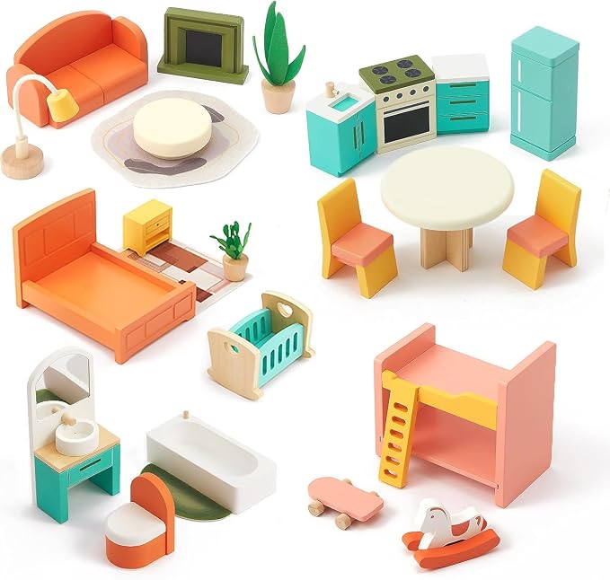 Giant bean 26 Pcs Large Wooden Dollhouse Furniture 5 Set by GIANTBEAN