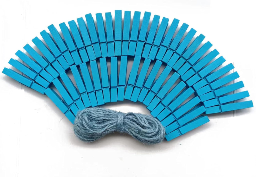 1.9" Wooden Clothespins Hanging Clothes Pins Clip Photo Holder DIY Gift Festive Party Decor with Bright Blue Jute Twine Pack 50