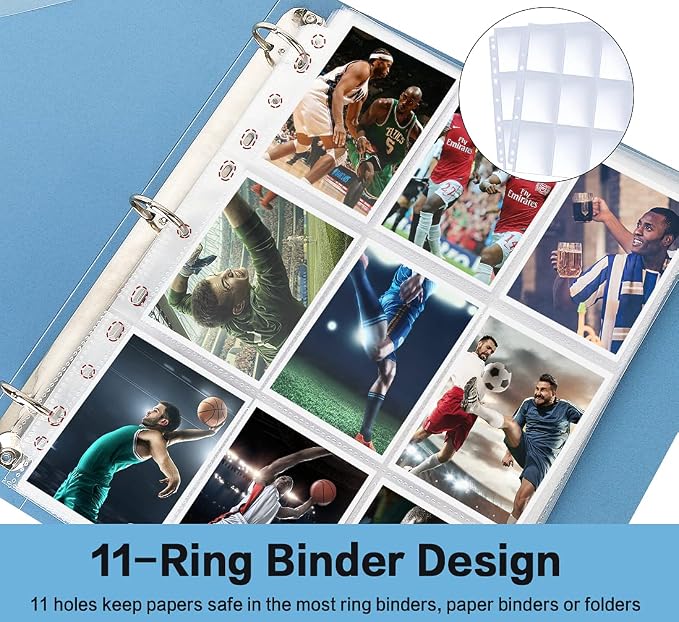 HERKKA Trading Card Sleeve Pages, 100 Pack 9 Pocket Album Pages 11 Holes Fit 3 - Image 4