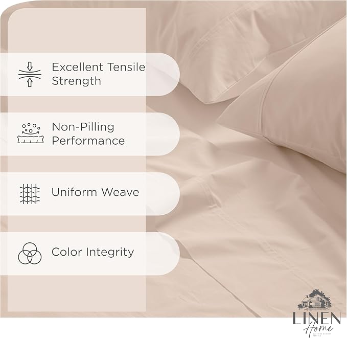 Linen Home 100% Cotton Percale Sheets Queen Size, Sand Shell, Deep Pocket - Image 2