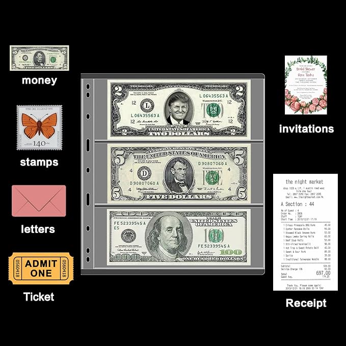 MUQING 60 Pockets Dollar Bill Holder Pages, 20 Sheets Currency Paper Money - Image 2