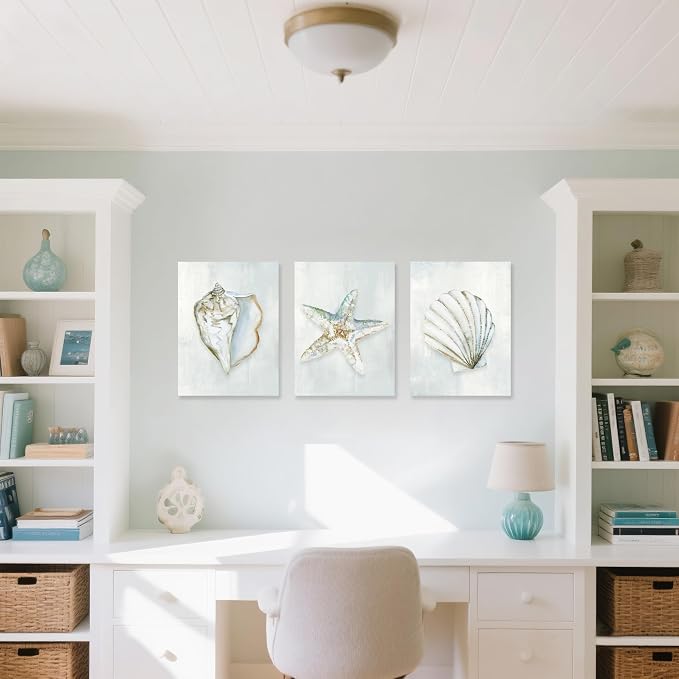 Seashell Bathroom Decor Blue Conch Scallop Starfish Canvas Wall Art Modern - Image 3