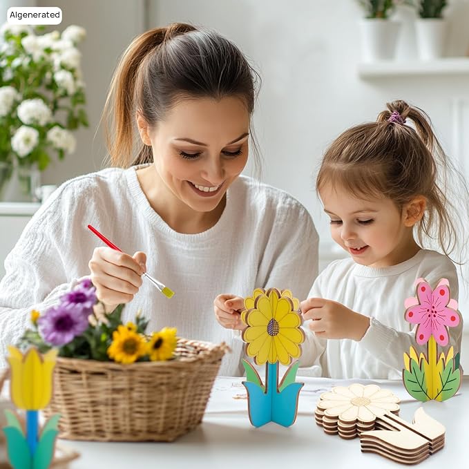 3D Wooden Flower Crafts to Paint, 4 Styles Flowers Ornaments - Image 6