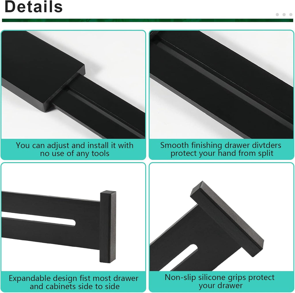 4 Pack Bamboo Drawer Dividers, Adjustable Length from 12 Inch to 17 Inch, Expandable Kitchen Drawer Organizer, Drawer Organization Separators for Clothes, Kitchen, Bedroom, Dresser, Office (Black)