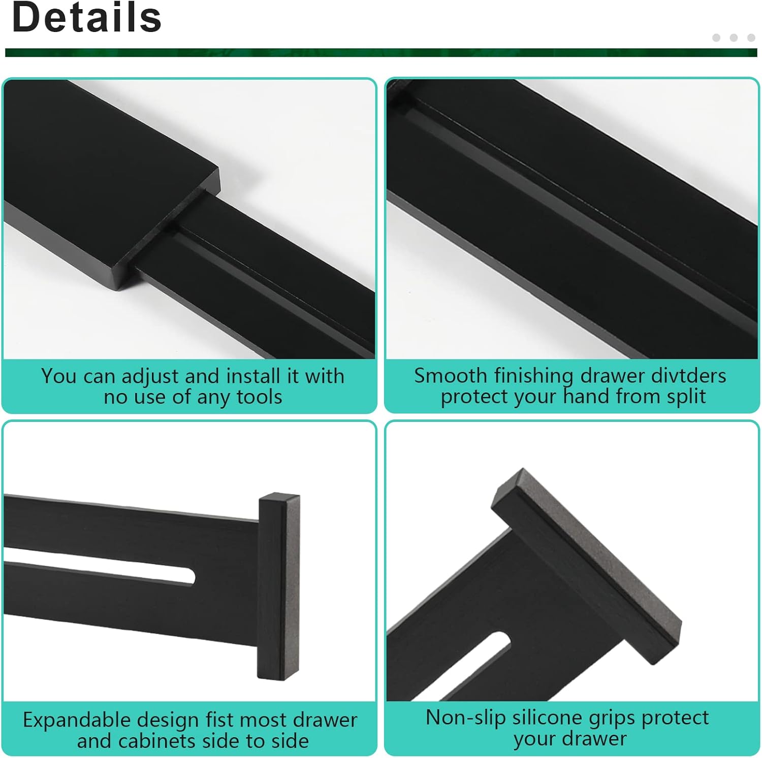 4 Pack Bamboo Drawer Dividers, Adjustable Length from 12 Inch to 17 Inch, Expandable Kitchen Drawer Organizer, Drawer Organization Separators for Clothes, Kitchen, Bedroom, Dresser, Office (Black)